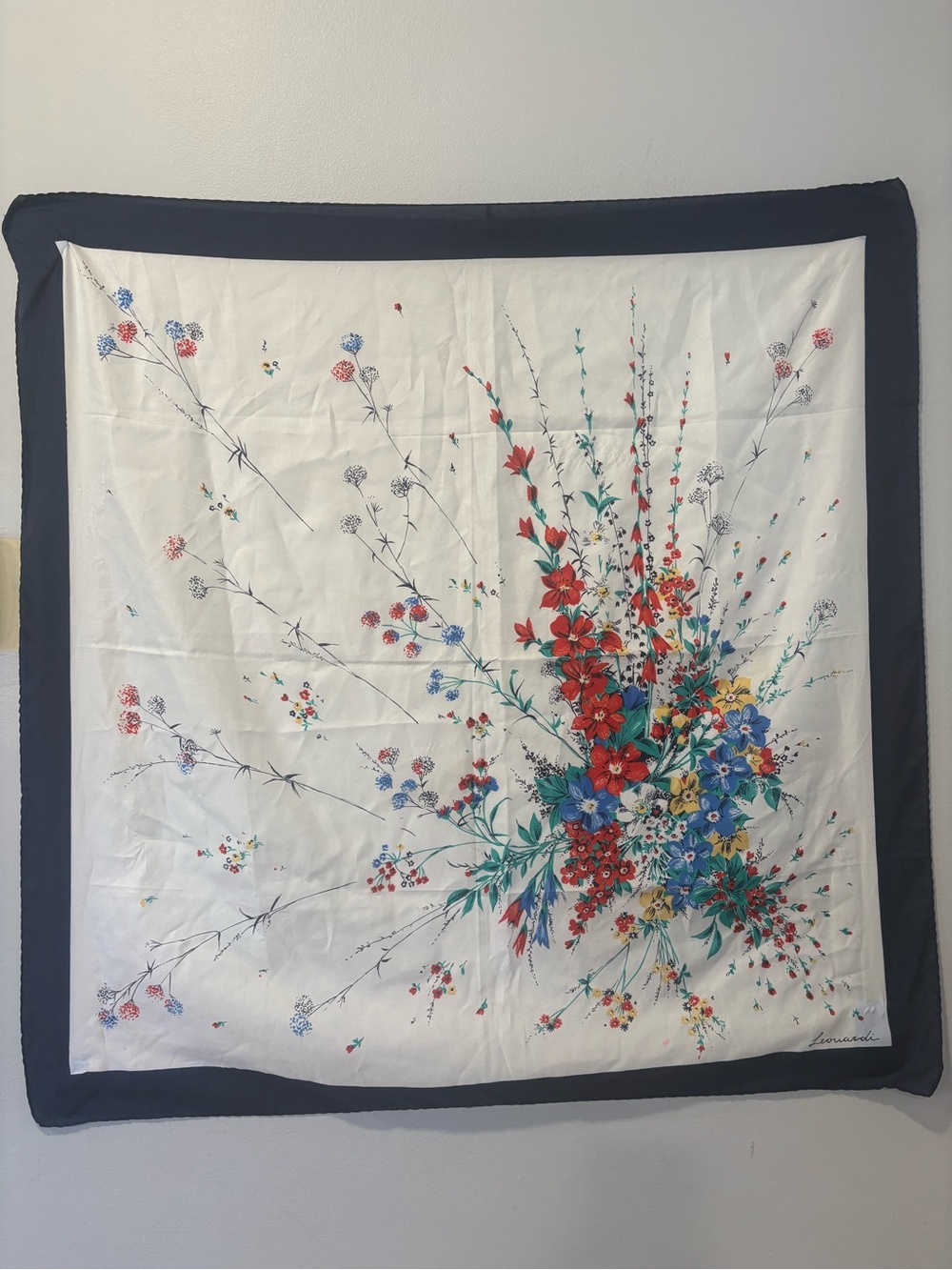 Vintage Leonardi Women’s Scarf Floral Print  - White with Multicolor Navy